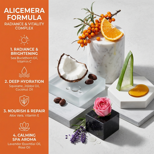 Cosmetic product with natural ingredients and a decorative background