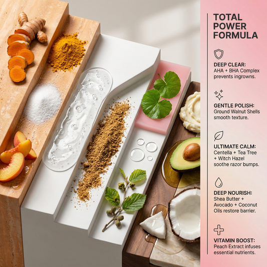 Cosmetic products with natural ingredients and a 'Total Power Formula' description on the right.