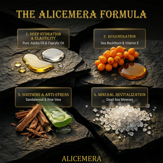Alicemera Formula components including Jojoba Oil, Sea Buckthorn, Sandalwood, Aloe Vera, and Dead Sea Minerals on a dark stone background.