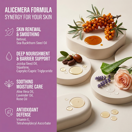 Cosmetic products with natural ingredients and a purple sidebar detailing skincare benefits.