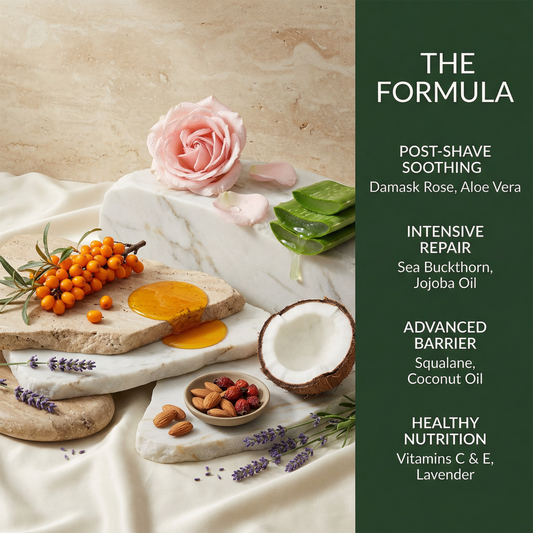 Cosmetic product with natural ingredients and a rose on a marble surface, featuring text about product benefits.