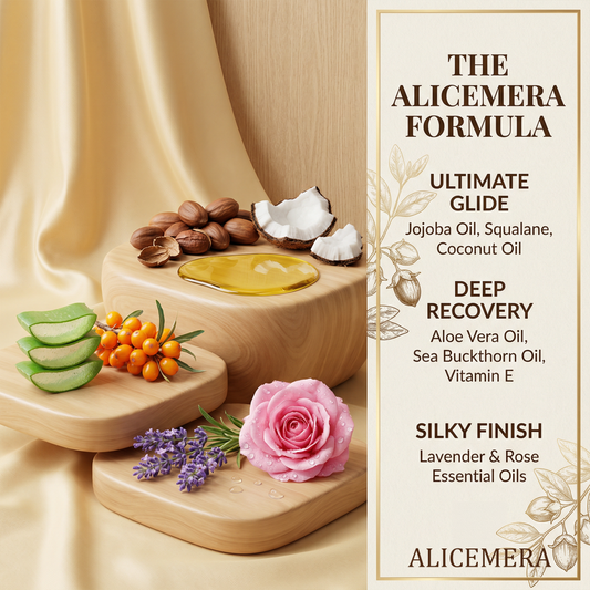 Alicemera skincare products with ingredients and benefits on a beige background