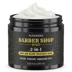Black jar of Alicemera Barber Shop Effect 2-in-1 hair and beard treatment mask with white cream on a white background