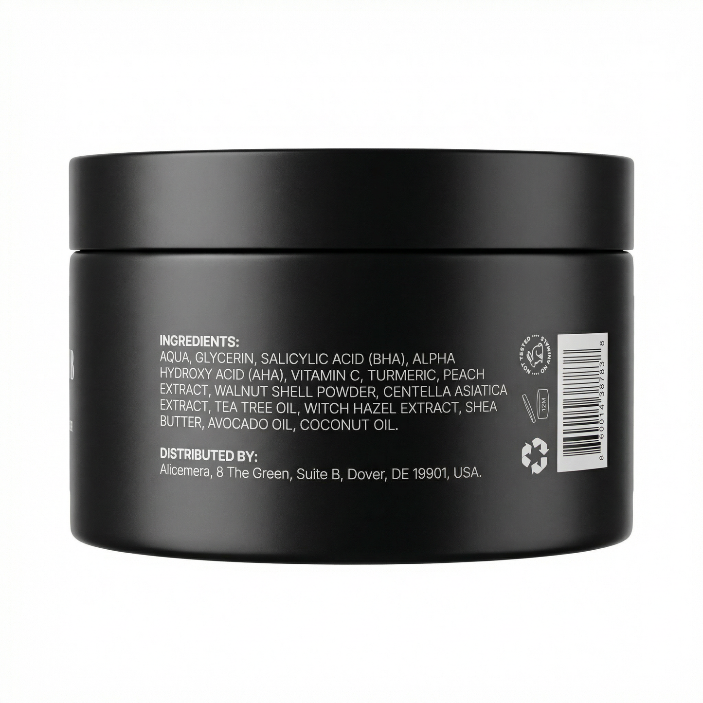 Black jar with ingredients list on a white background