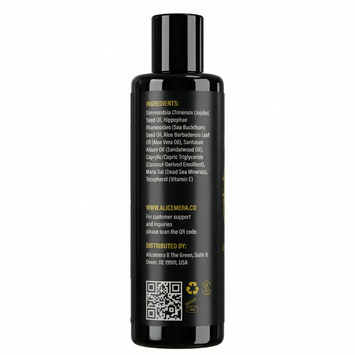 Black bottle with ingredient list on a white background