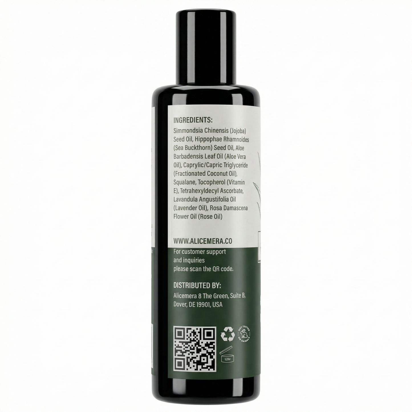 Bottle with a label showing ingredients and contact information on a white background