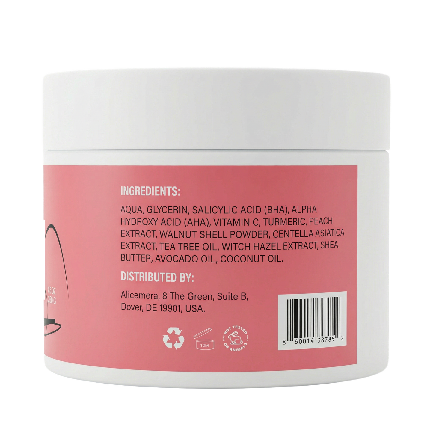 Back of a cosmetic jar with ingredients list on a white background