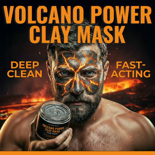 Man with a clay mask holding a jar labeled 'Volcano Power Clay Mask' against a fiery background.