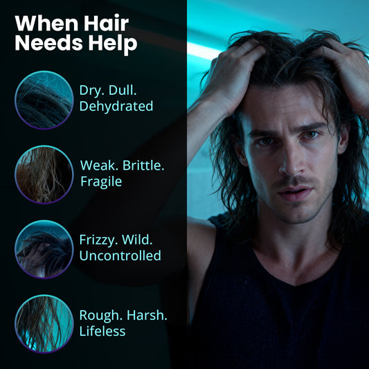 Man with poor hair health showing different hair issues on a dark background