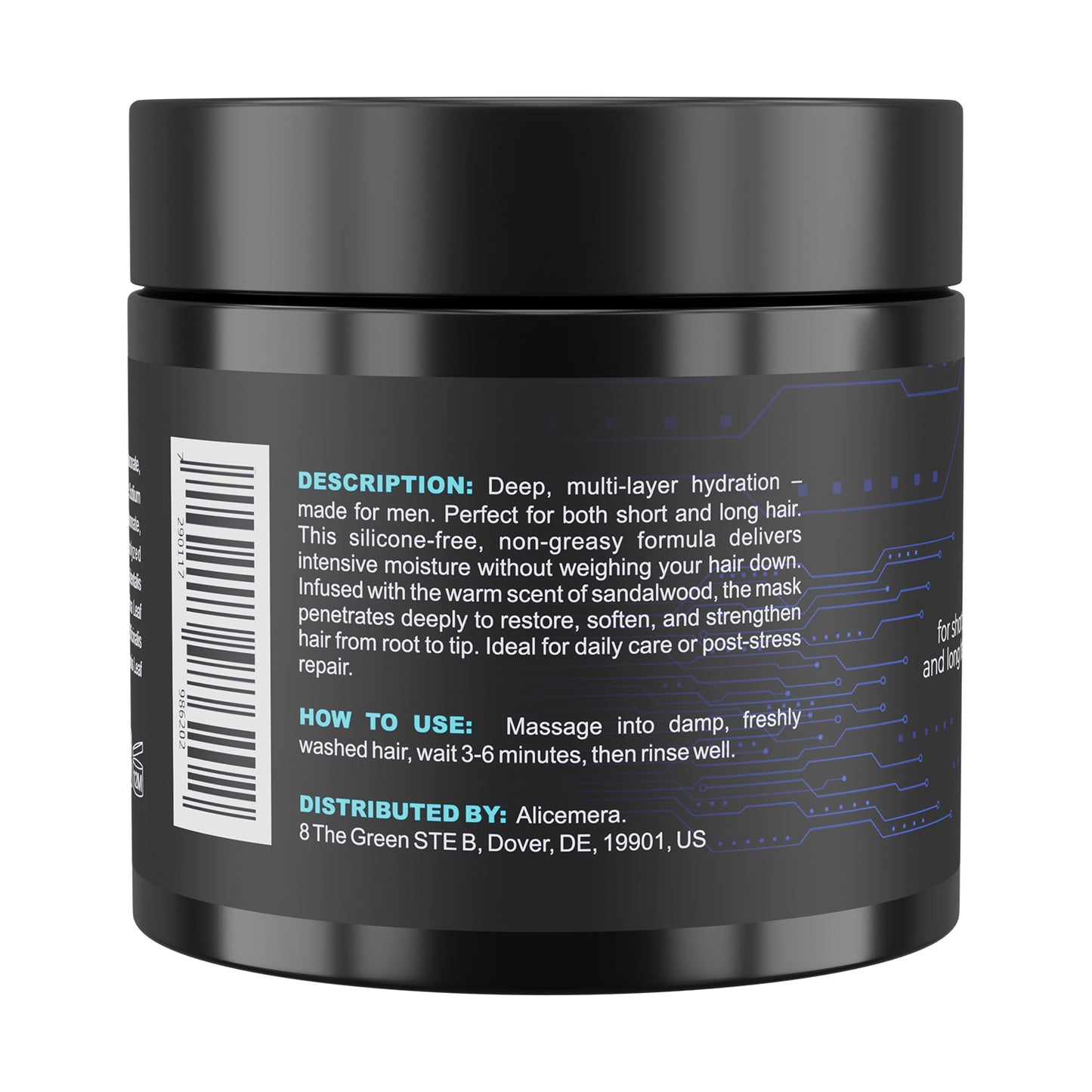 Black hair care product jar with label on a white background