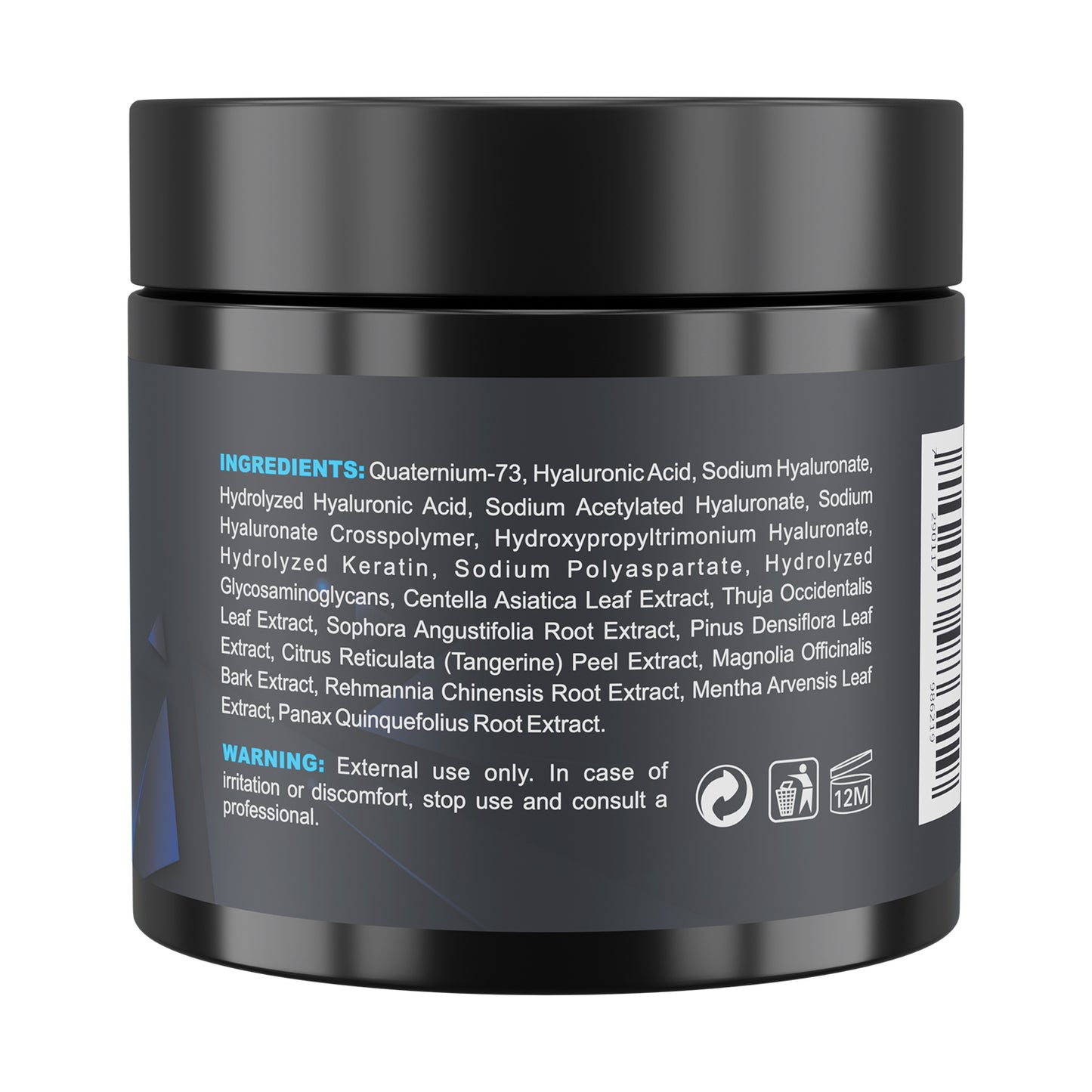 Back view of a black jar with ingredient list and warning text on a white background
