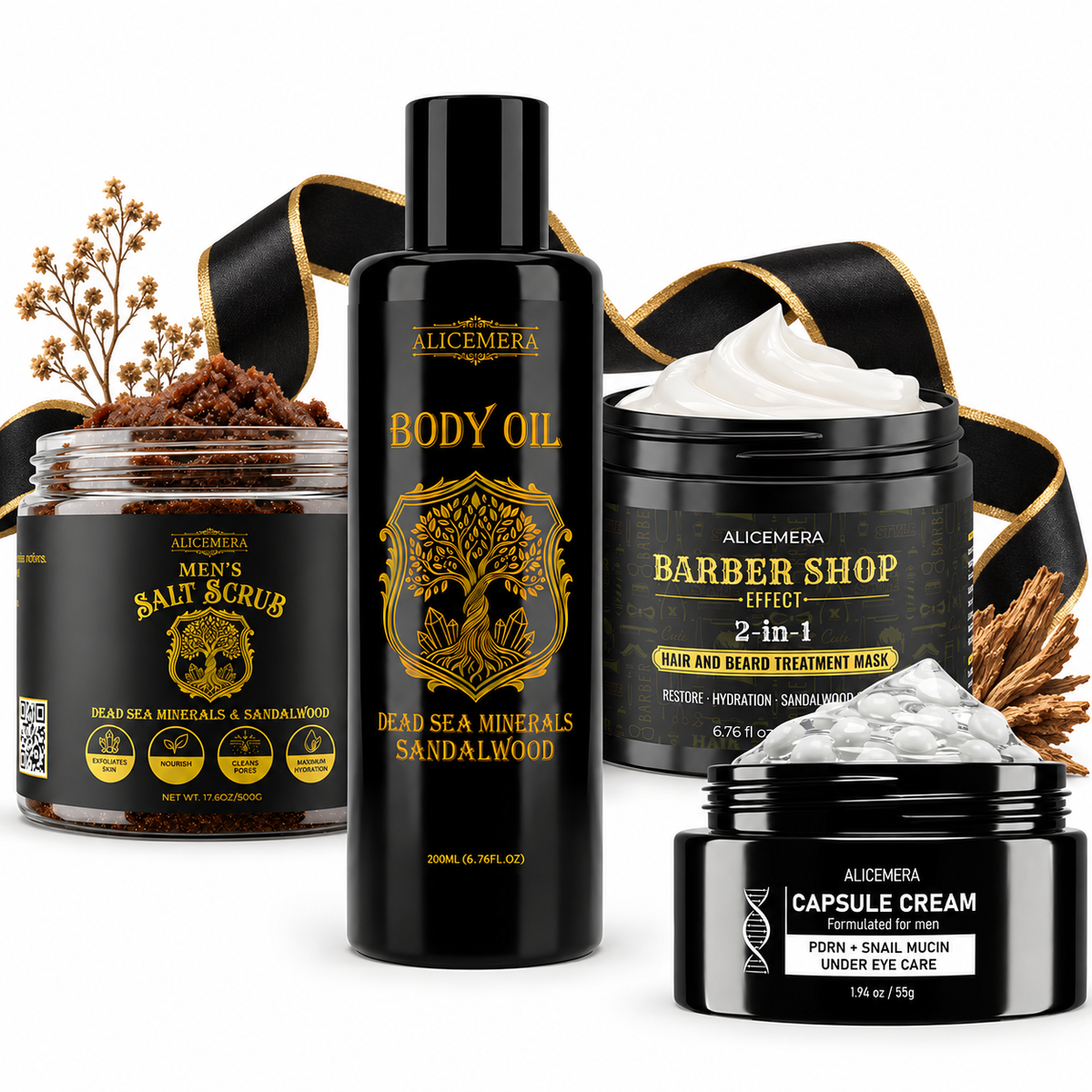 Alicemera Complete Men’s Care Gift Set with beard mask, PDRN eye cream, sandalwood body oil, and Dead Sea salt scrub