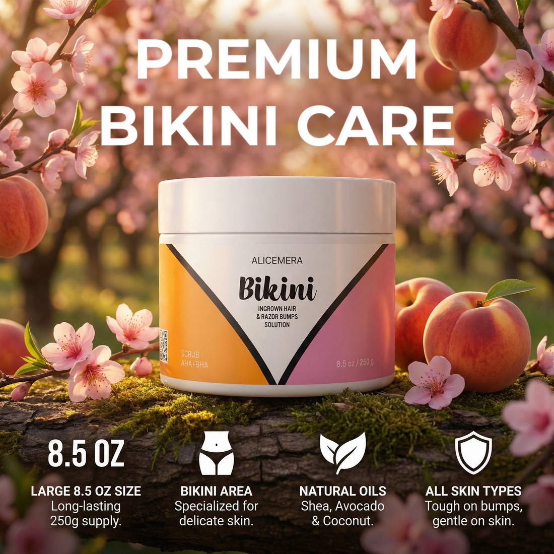 Alicemera Bikini Scrub with peach on a pink background
