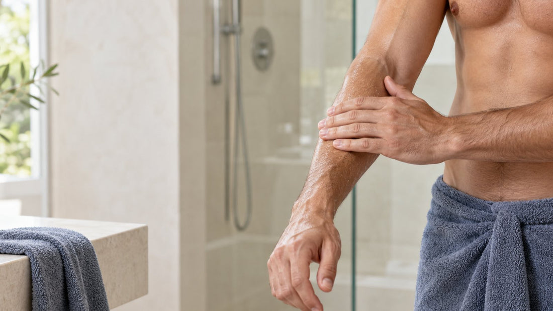 Man smoothing body oil over his forearm after a shower in daylight