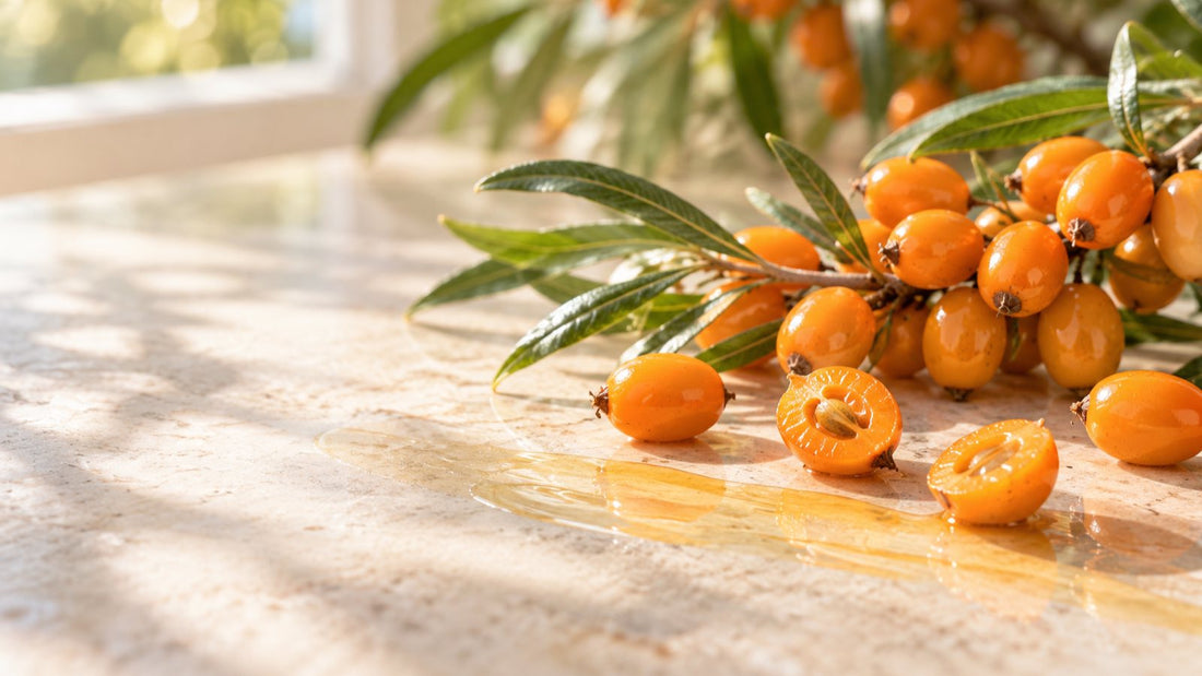 Sea buckthorn berries beside a thin orange botanical oil texture in sunlight
