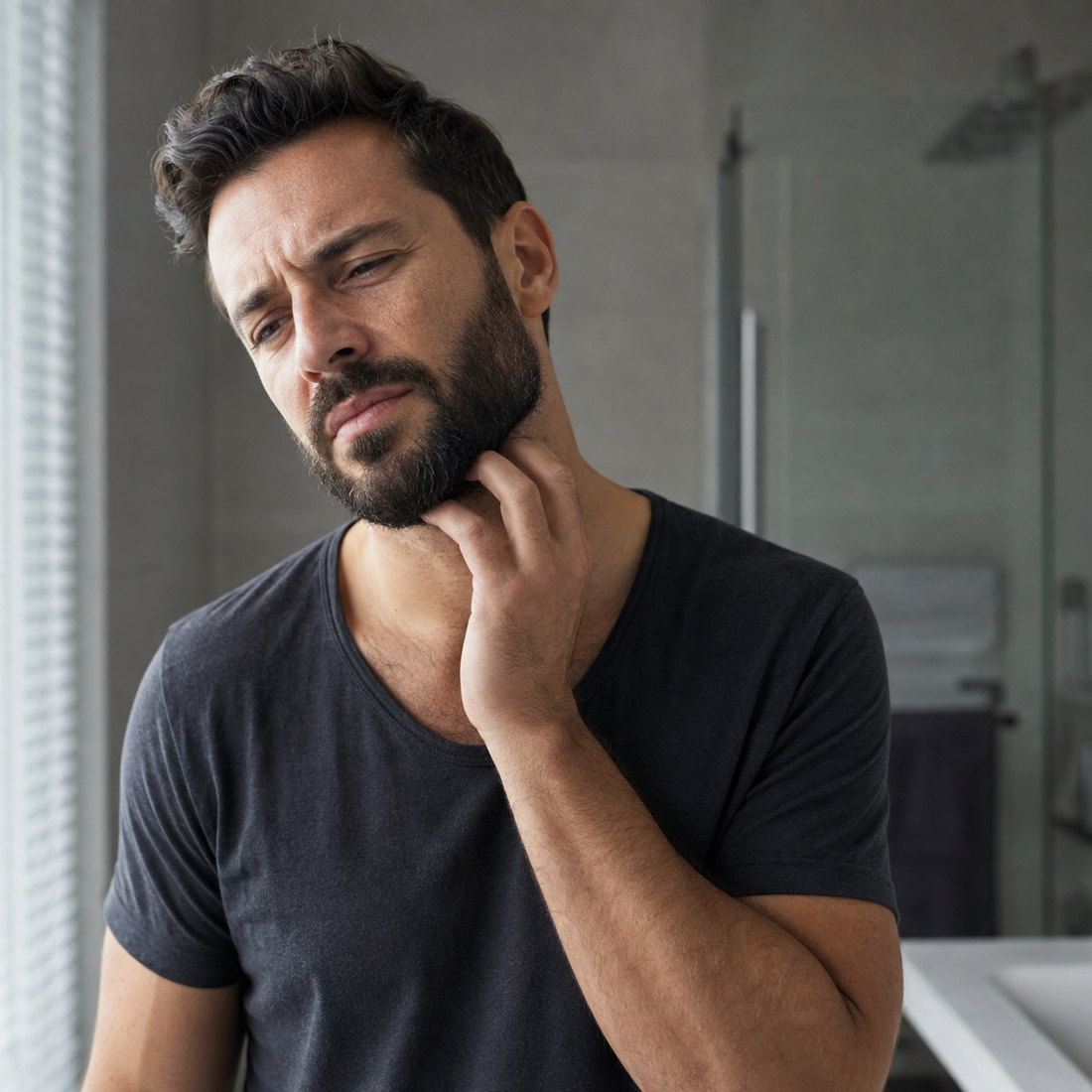 Man with a full beard scratching along his jawline, showing beard itch