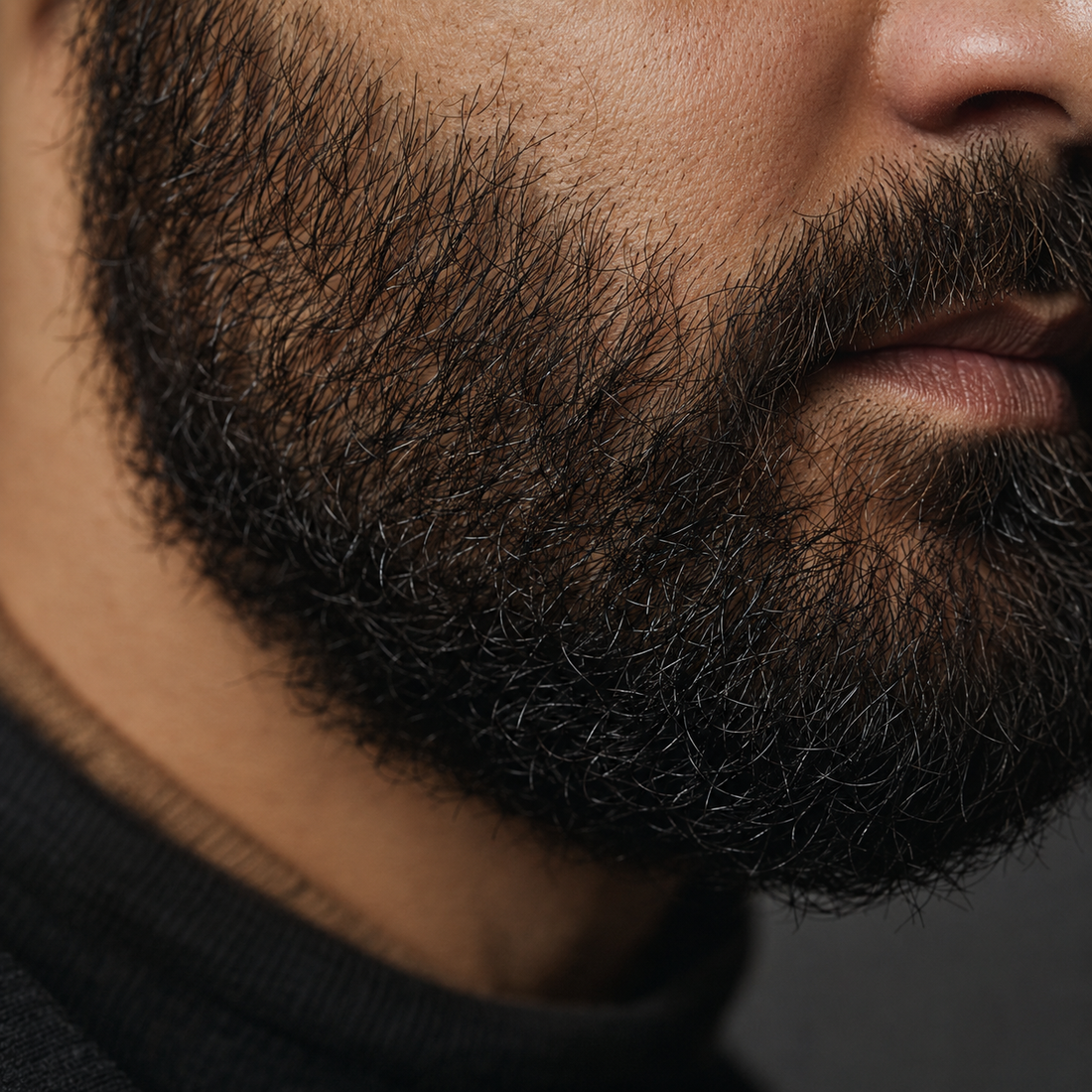 Close-up of a coarse, wiry beard with stiff hairs standing away from the jaw