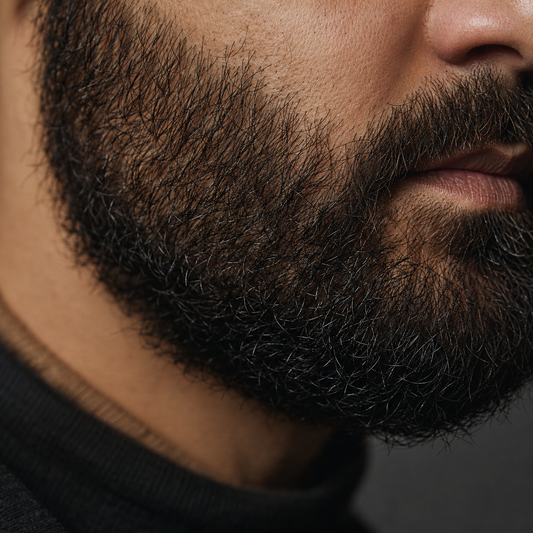 Close-up of a coarse, wiry beard with stiff hairs standing away from the jaw