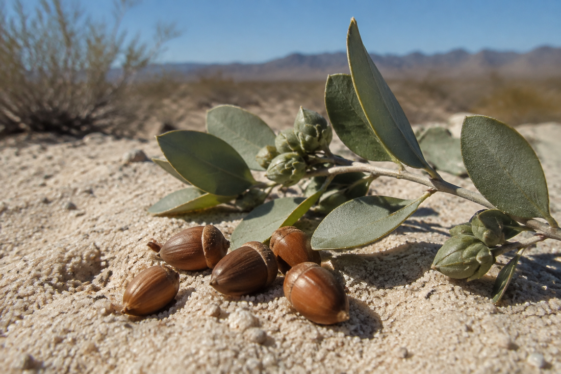 Jojoba seeds and a leafy sprig on desert sand in hard midday light