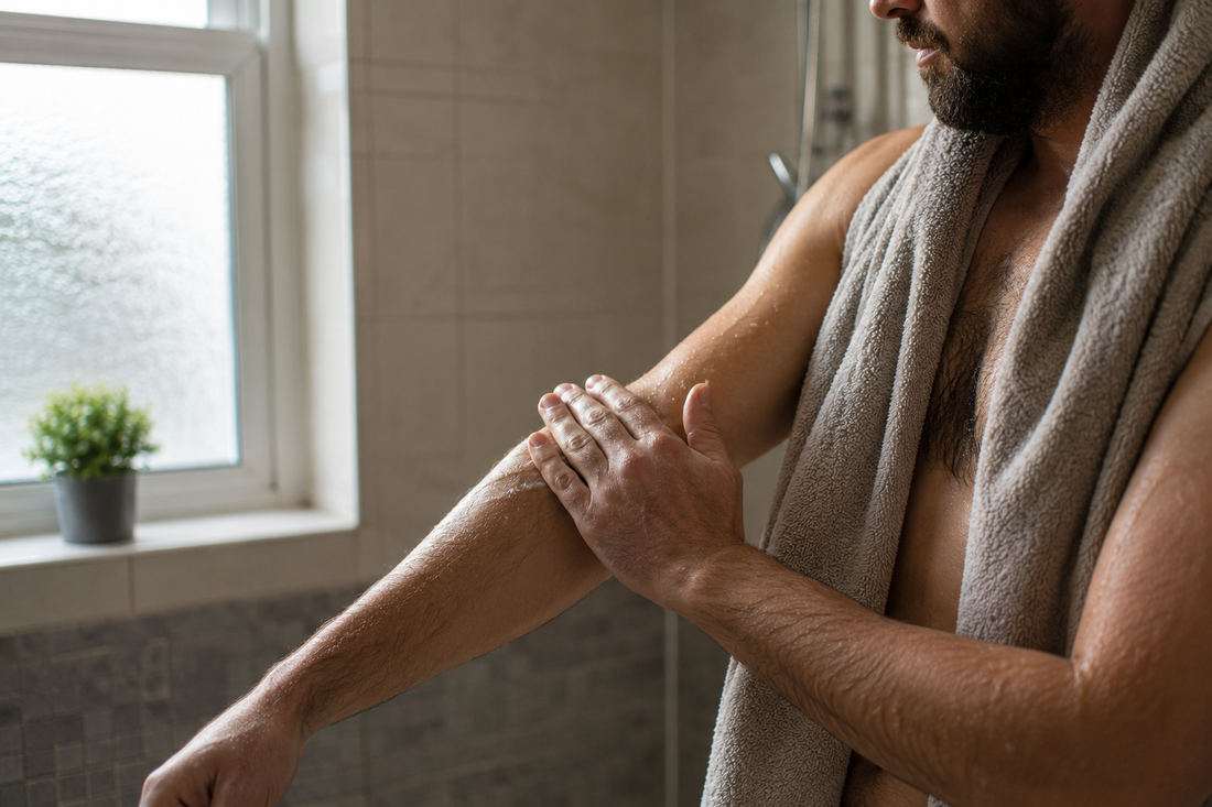 Man spreading body oil along a damp forearm after a shower