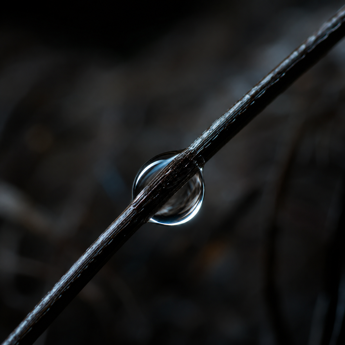 Macro photograph of a water droplet held on a single dark beard hair