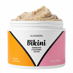 Alicemera Bikini scrub in a white container with a colorful label on a white background