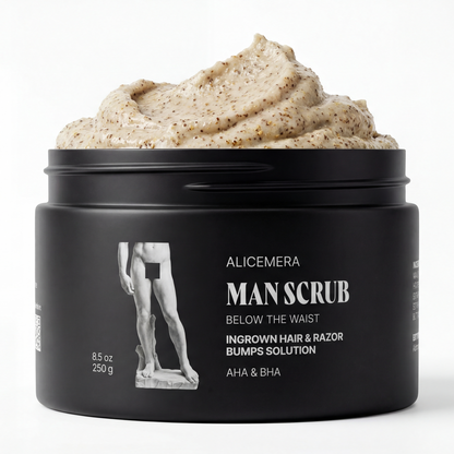 Black jar of Alicemera Man Scrub with scrub visible on top against a white background