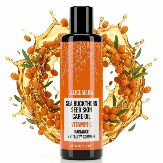 Bottle of Alicemera Sea Buckthorn Seed Skin Care Oil with sea buckthorn berries and oil splashes on a white background