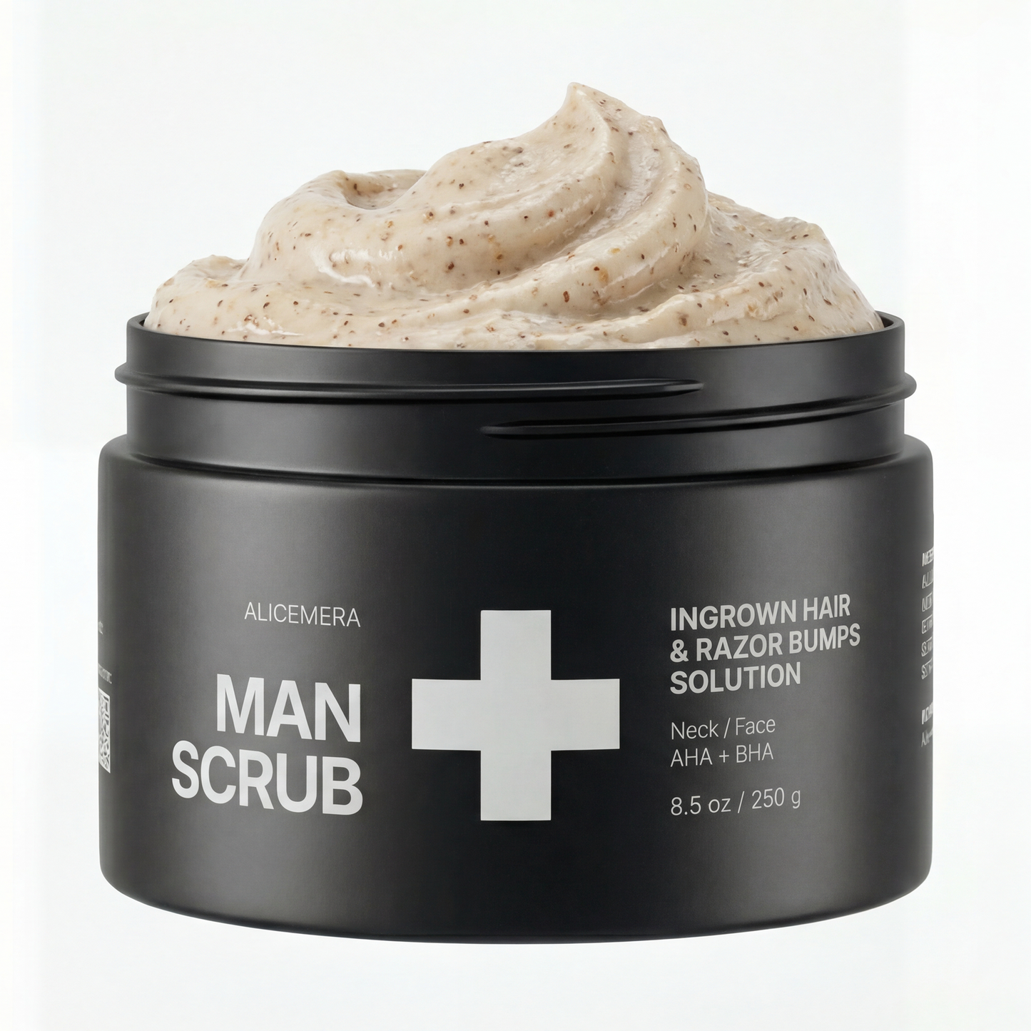 Black jar of Man Scrub with cream texture on a white background