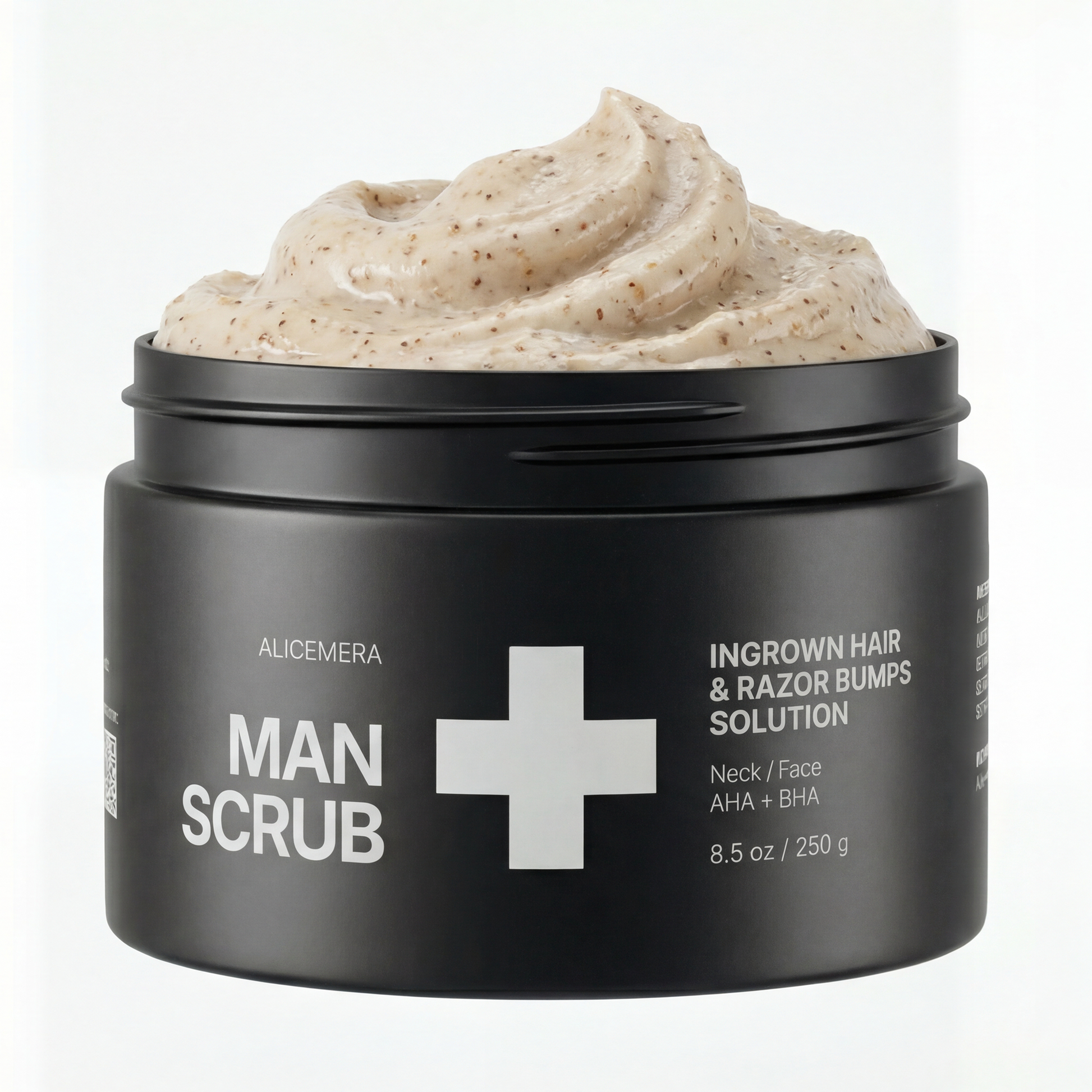 Black jar of Man Scrub with cream texture on a white background