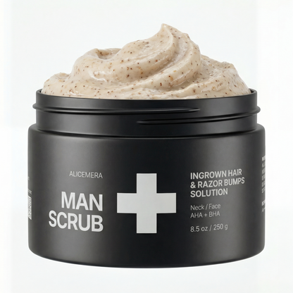 Black jar of Man Scrub with cream texture on a white background
