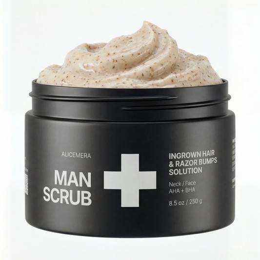 Black jar of Man Scrub with cream texture on a white background