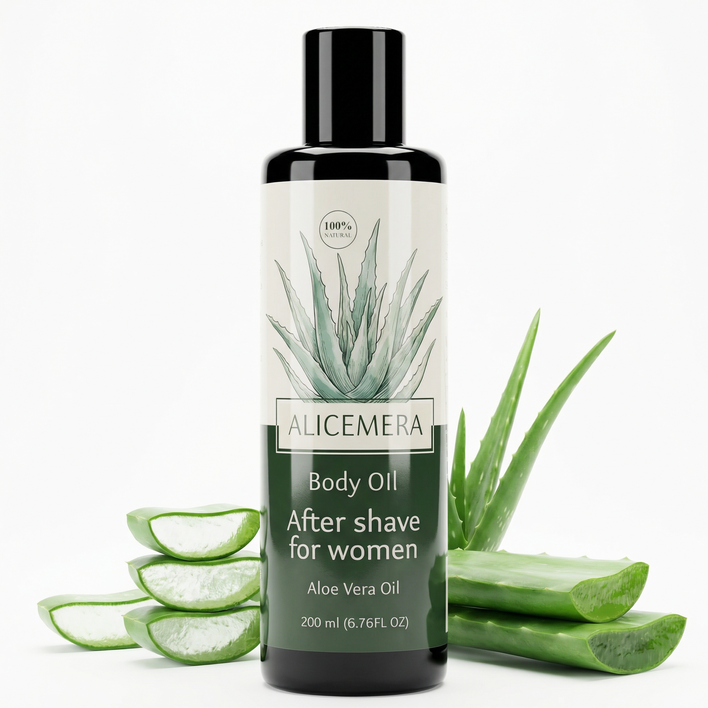 Alicemera body oil bottle with aloe vera leaves on a white background
