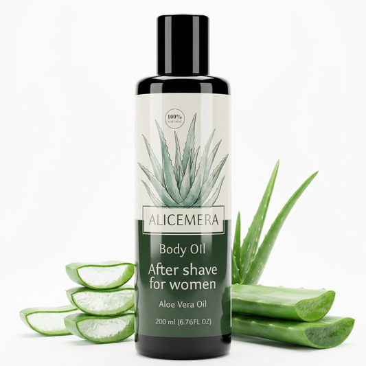 Alicemera body oil bottle with aloe vera leaves on a white background