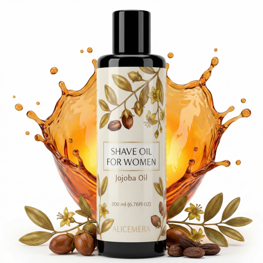 Bottle of shave oil for women with a splash of oil and jojoba seeds on a white background