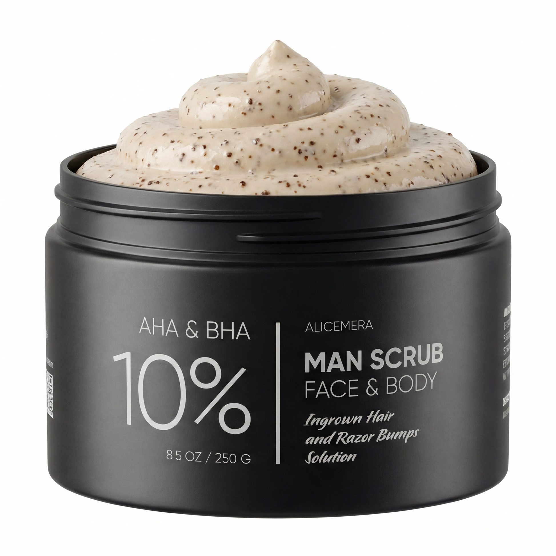 Jar of man scrub with visible text on a white background