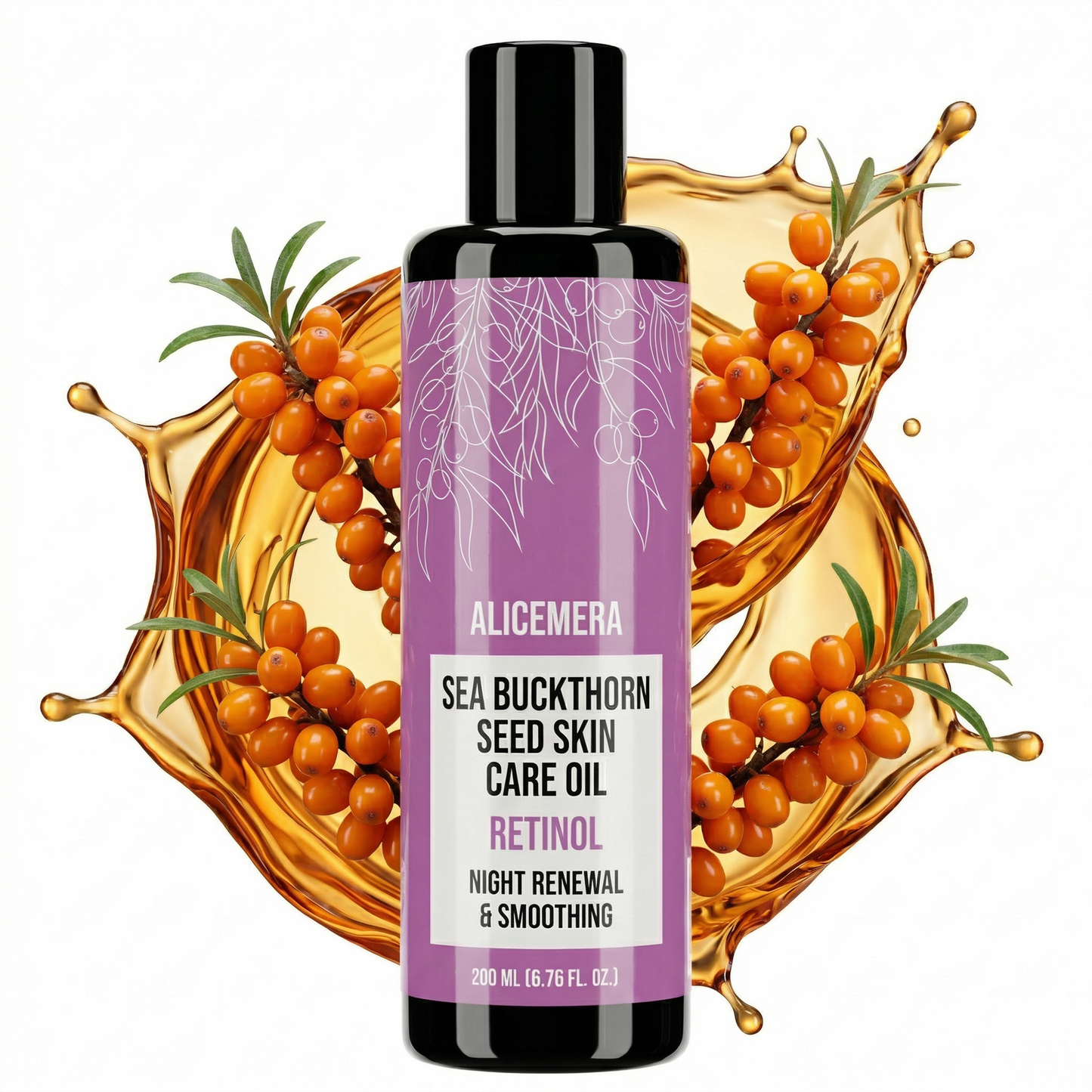 Bottle of Alicemera Sea Buckthorn Seed Skin Care Oil with sea buckthorn berries on a white background