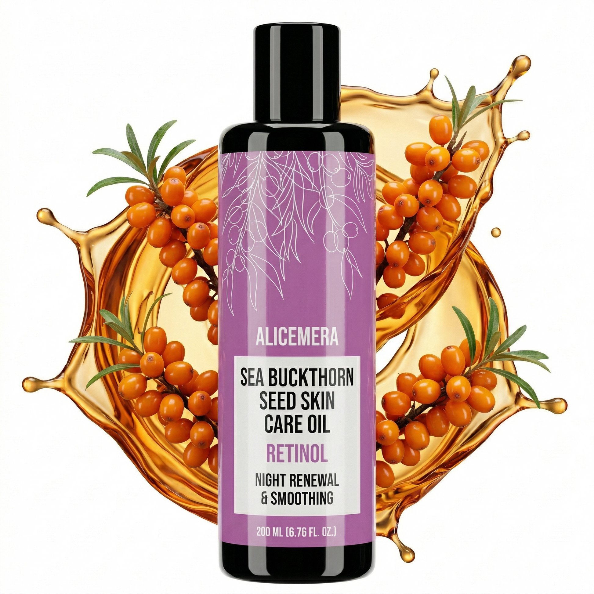 Bottle of Alicemera Sea Buckthorn Seed Skin Care Oil with sea buckthorn berries on a white background