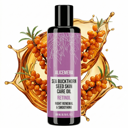 Bottle of Alicemera Sea Buckthorn Seed Skin Care Oil with sea buckthorn berries on a white background