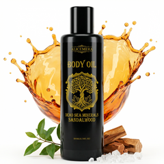 Black bottle of Alicemera Dead Sea Minerals Sandalwood body oil with sandalwood leaves and pieces on a white background
