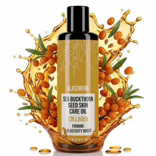 Bottle of Alicemera Sea Buckthorn Seed Skin Care Oil surrounded by seeds and oil splashes on a white background