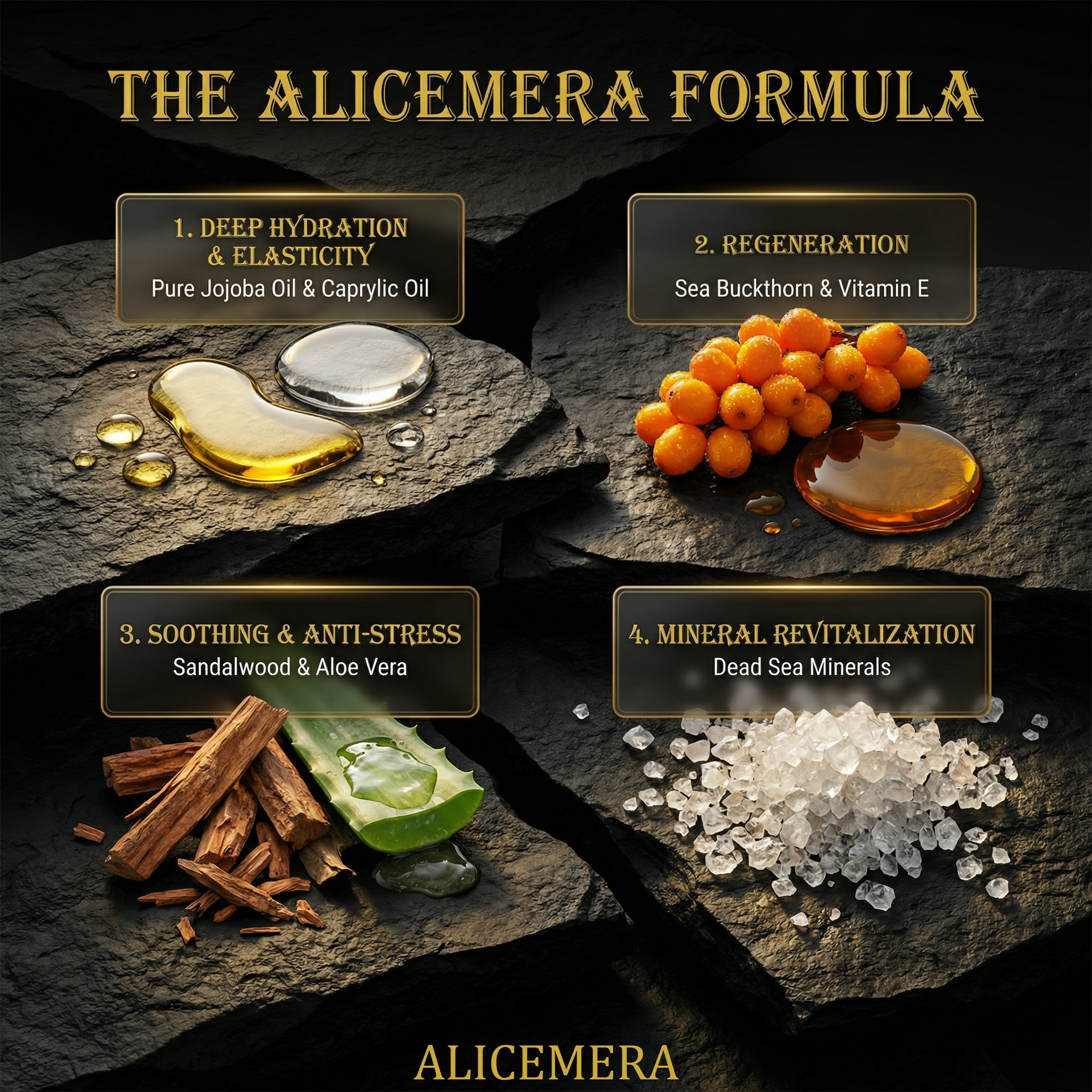 Alicemera Formula components including Jojoba Oil, Sea Buckthorn, Sandalwood, Aloe Vera, and Dead Sea Minerals on a dark stone background.
