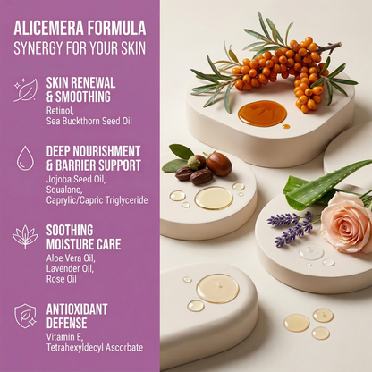 Cosmetic products with natural ingredients and a purple sidebar detailing skincare benefits.