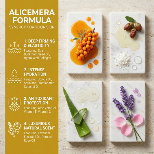 Product packaging with natural ingredients and benefits listed on a light background