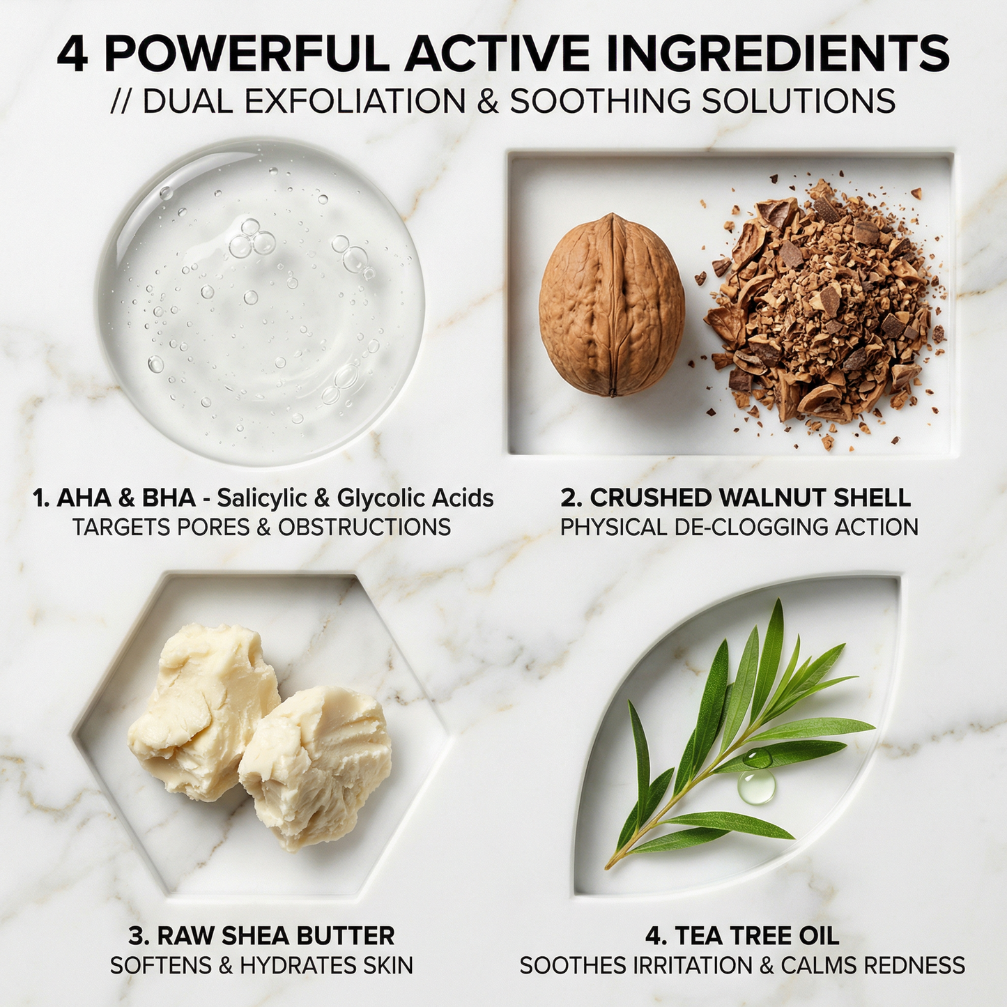 Product ingredients with text on a marble background
