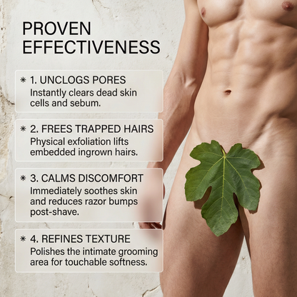 Man with a green leaf on his leg, showcasing proven effectiveness of a product on skin.
