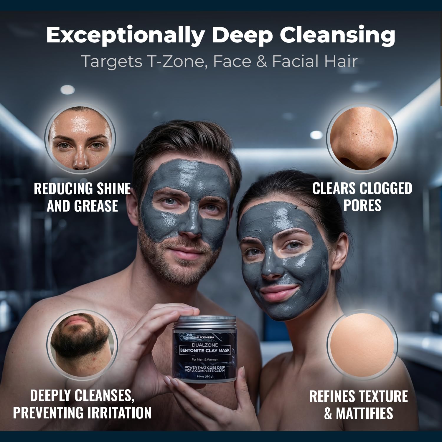 Two people with clay face masks holding a jar, with text about the product's benefits.