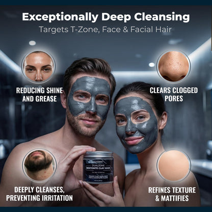 Two people with clay face masks holding a jar, with text about the product's benefits.