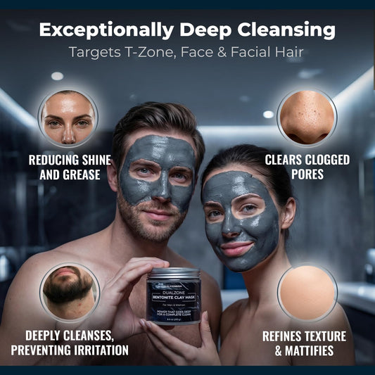 Two people with clay face masks holding a jar, with text about the product's benefits.