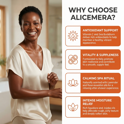 Woman in a bathroom with text highlighting reasons to choose Alicemera products.